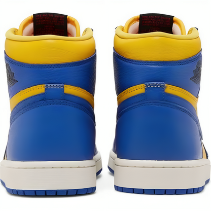 a pair of blue and yellow sneakers