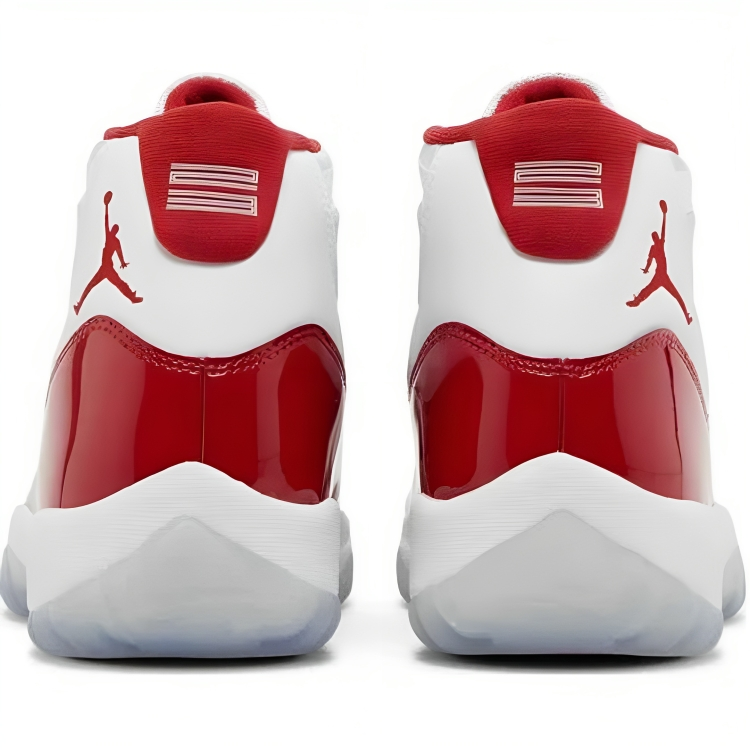 a close up of a pair of red and white shoes