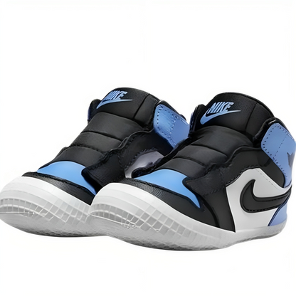 a pair of black and blue sneakers