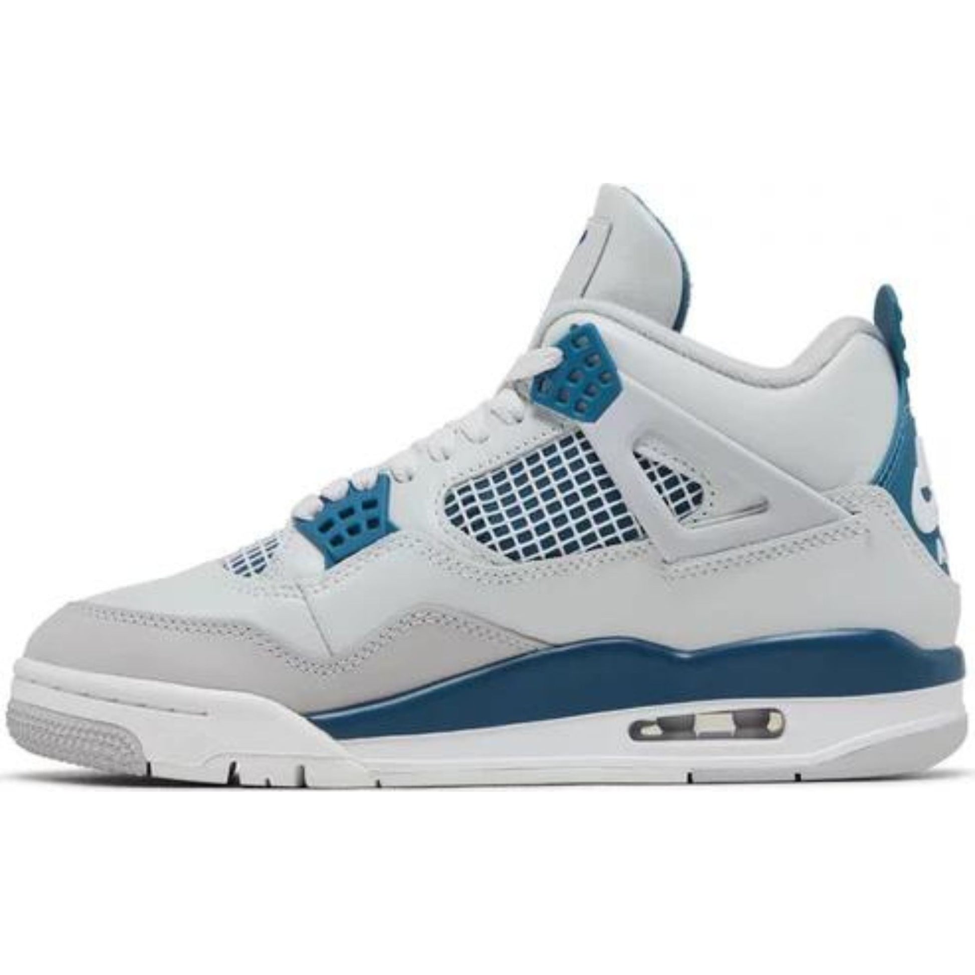 Classic Air Jordan 4 Retro White Blue kicks, white leather upper with blue detailing, a timeless addition to any sneaker collection