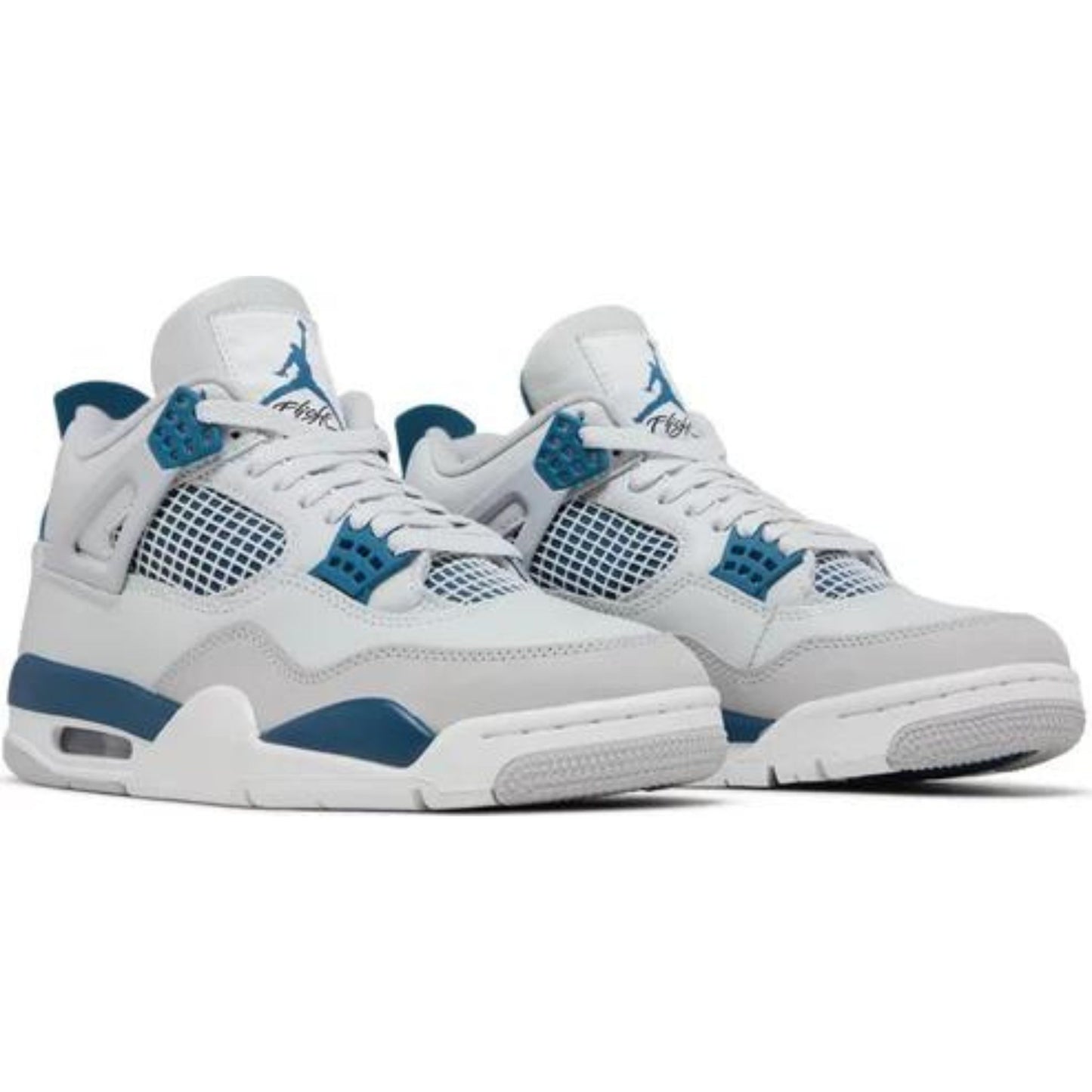 White and blue Air Jordan 4 Retro sneakers, iconic design with visible Air cushioning and Jumpman logo.