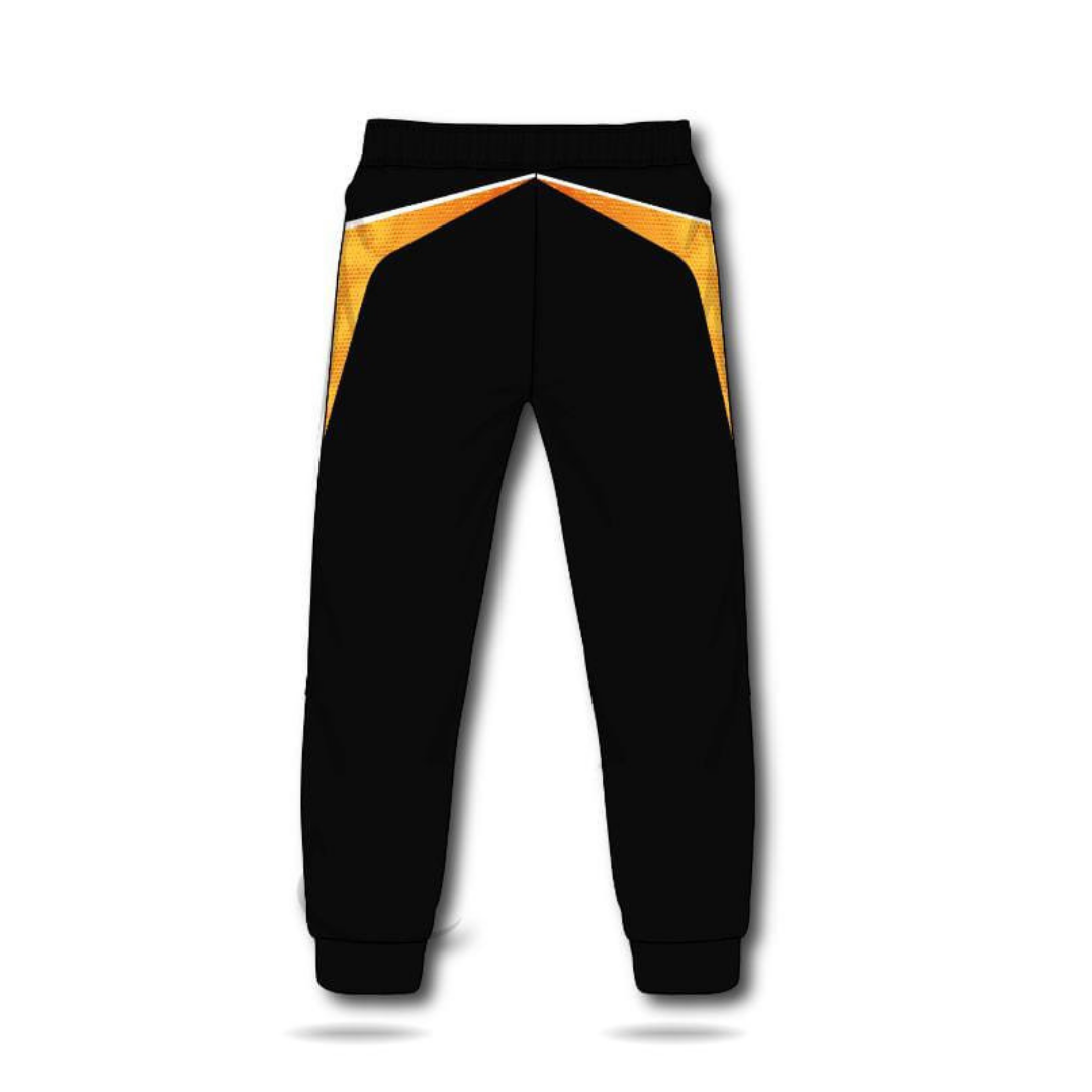 a black and yellow sweatpants with white stripes
