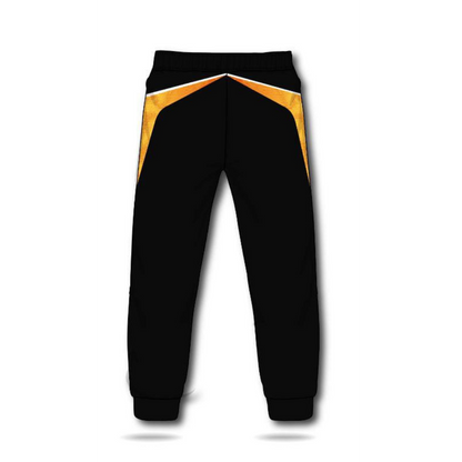a black and yellow sweatpants with white stripes