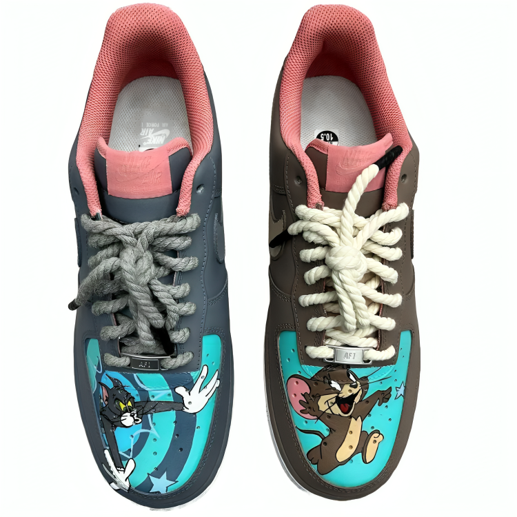 a pair of shoes with cartoon characters on them