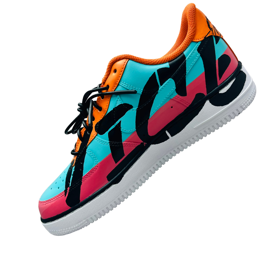 a colorful shoe with black text