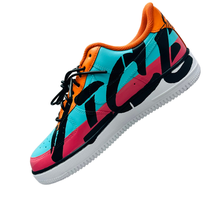 a colorful shoe with black text