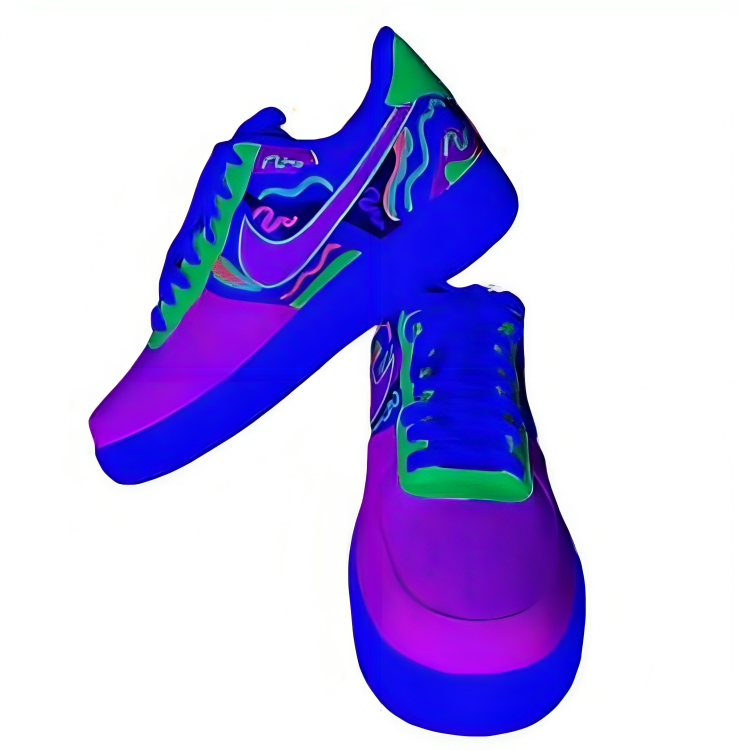 a pair of purple and green shoes