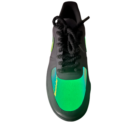 a green sneakers with black laces