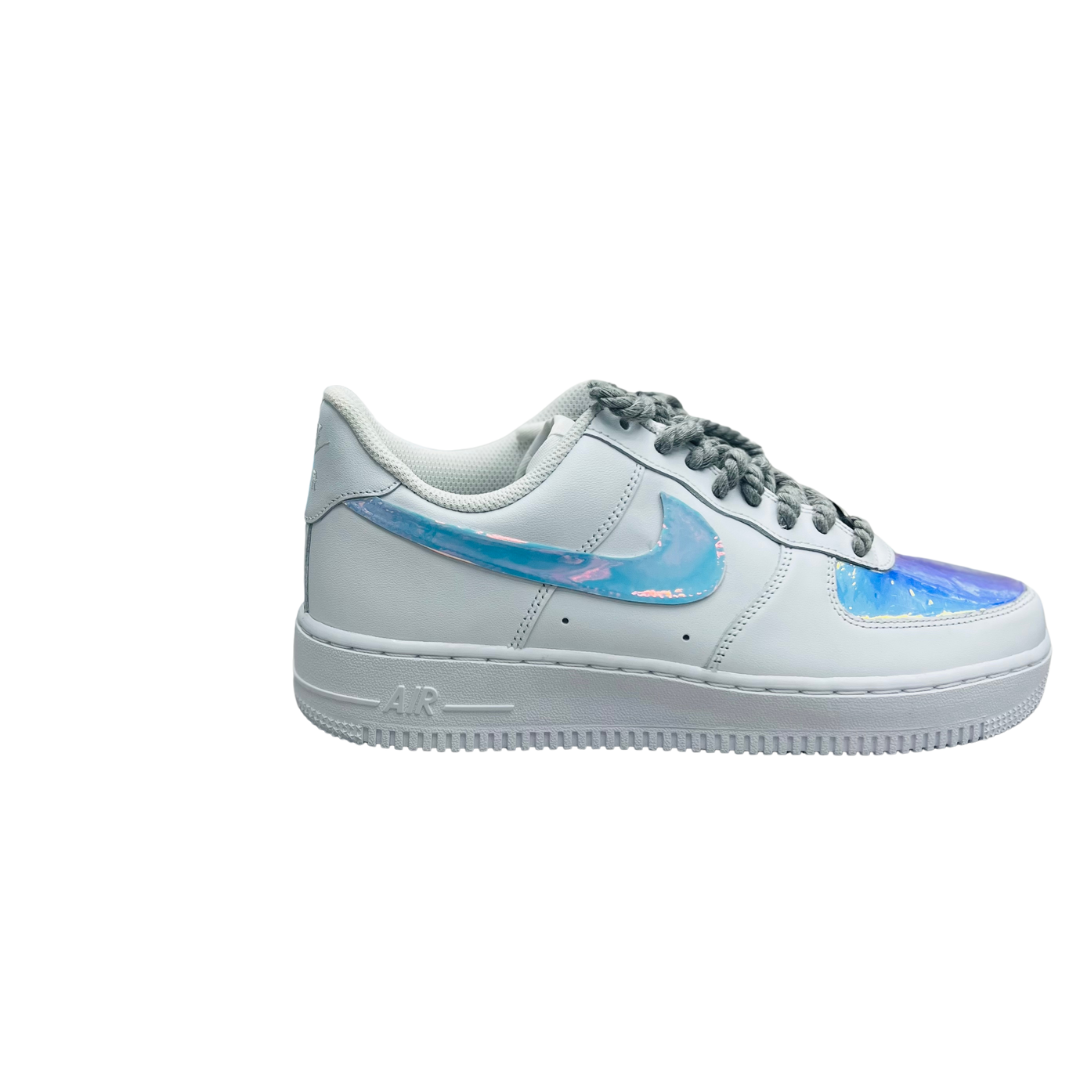 a white and blue nike air force sneakers