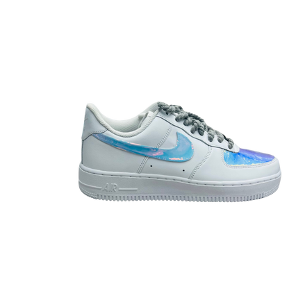 a white and blue nike air force sneakers