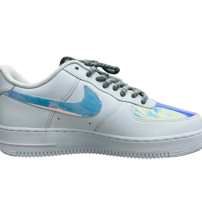 a white and blue nike air force sneakers