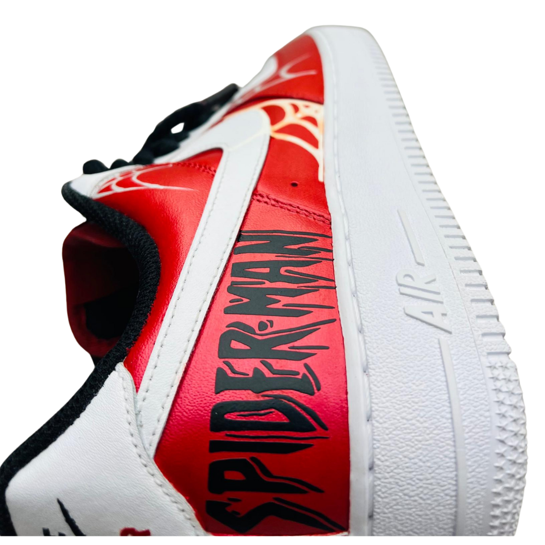 a white and red shoe with black text on it