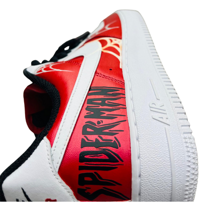 a white and red shoe with black text on it