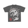 a grey t-shirt with a skull on it