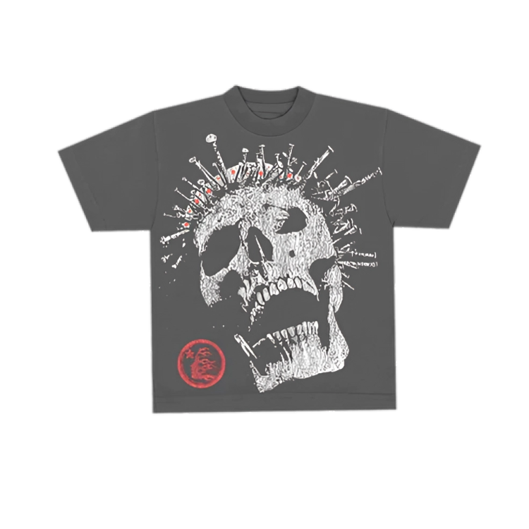 a grey t-shirt with a skull on it