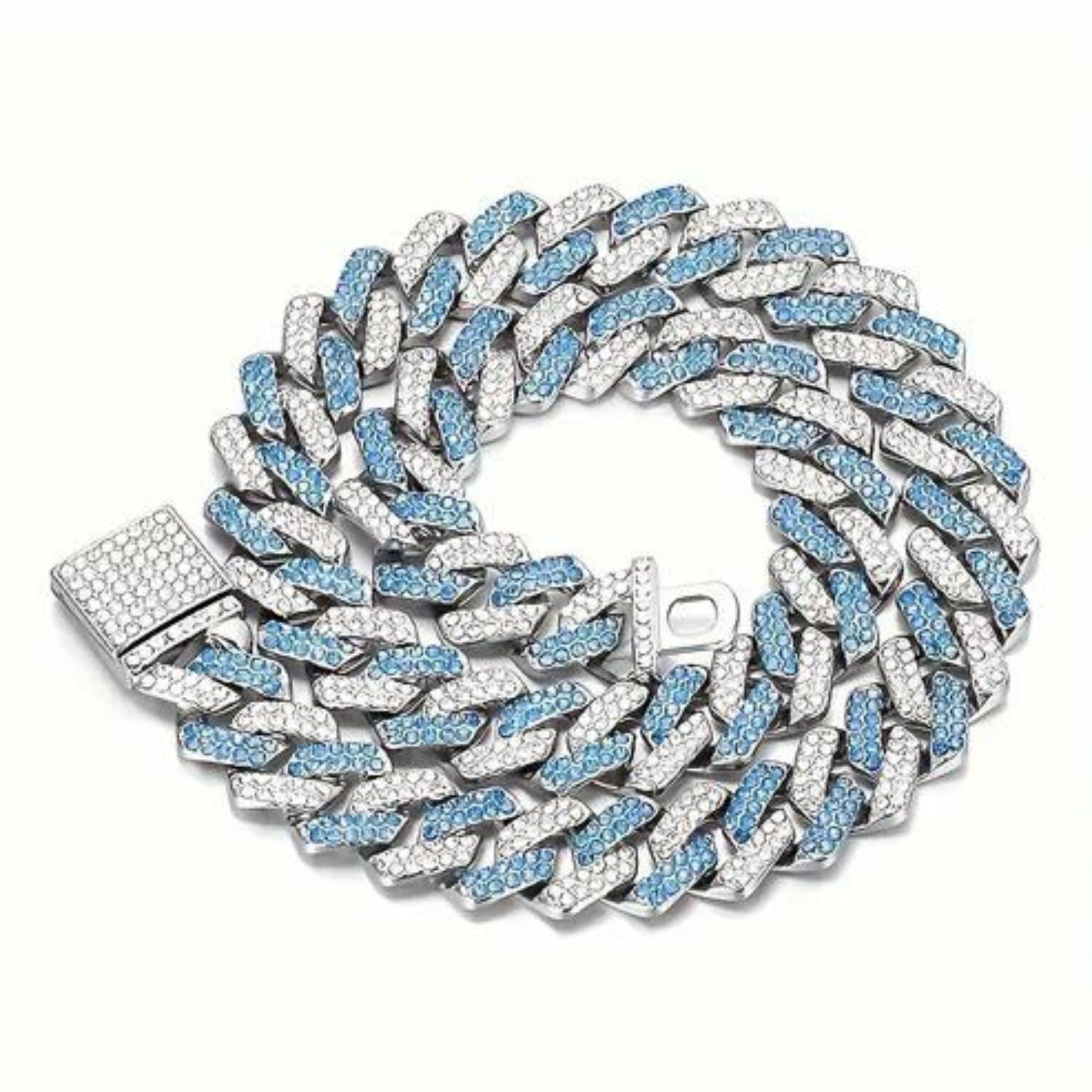 a chain with silver and blue stones on it