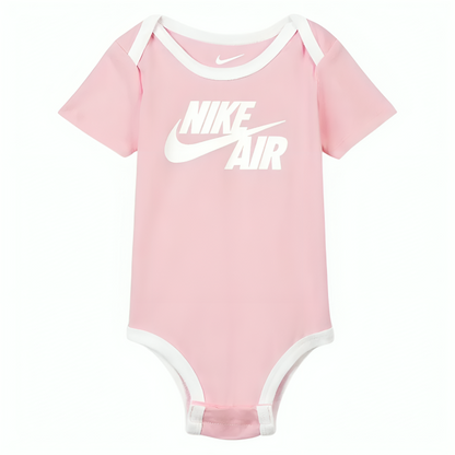 a pink baby bodysuit with white text