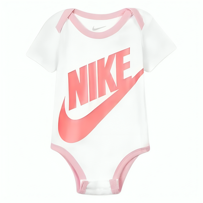 a white and pink baby bodysuit with a logo on it