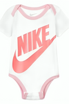 a white and pink baby bodysuit with a logo on it