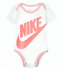 a white and pink baby bodysuit with a logo on it