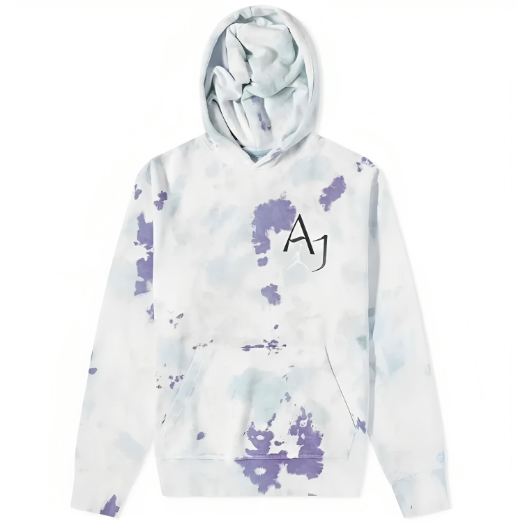a white hoodie with purple and blue paint on it