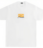 a white t-shirt with yellow text