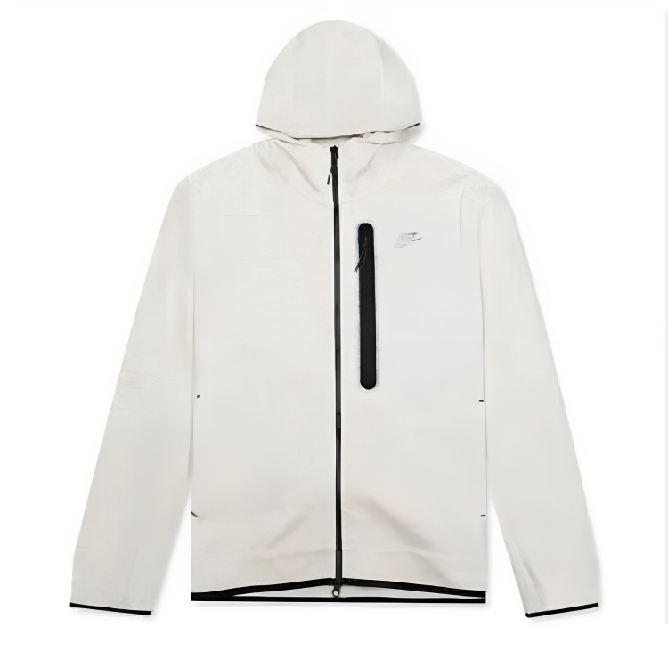 a white jacket with a black zipper