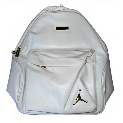 a white backpack with a logo on it