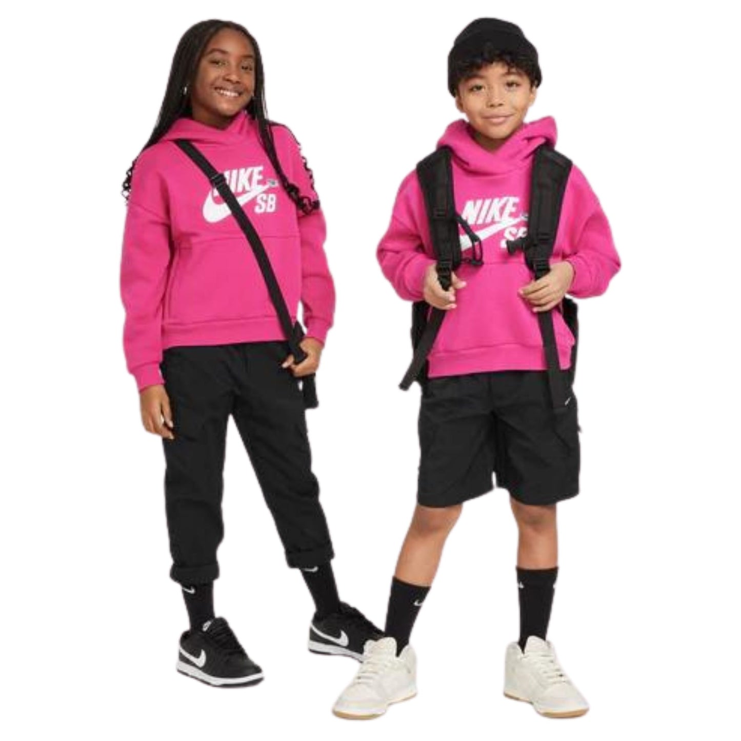 two children posing with pink hoodie 