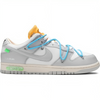 a white and grey shoe with blue laces