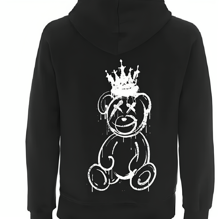 a black hoodie with a white drawing of a teddy bear