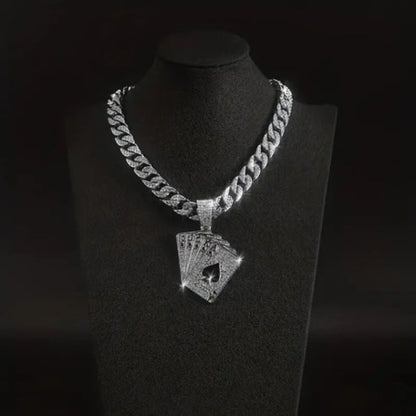 A necklace made of diamond poker chips, featuring a single diamond poker chip pendant.