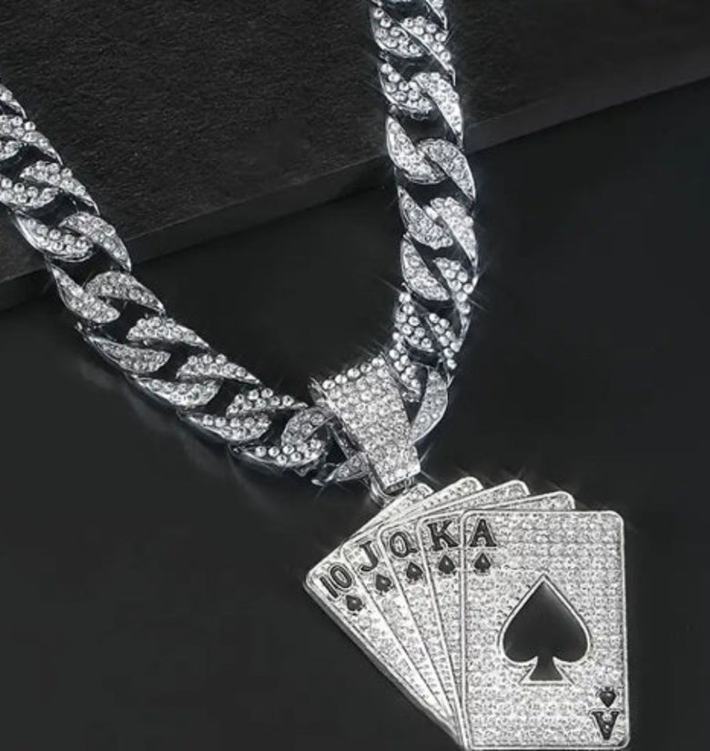 A necklace made of diamond poker chips, featuring a single diamond poker chip pendant.