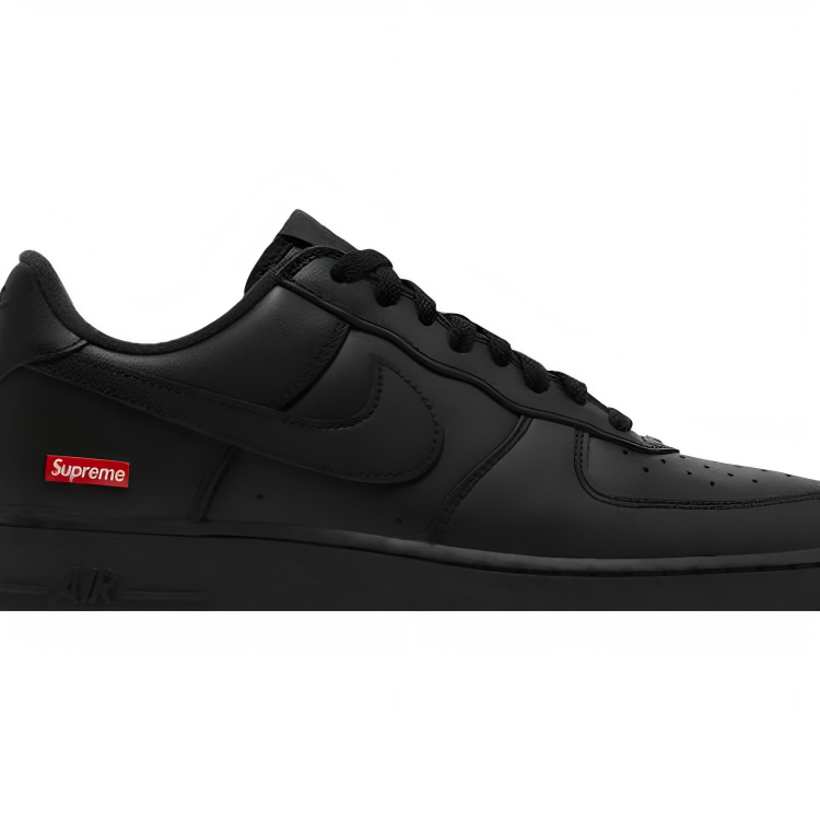 a black sneaker with red logo