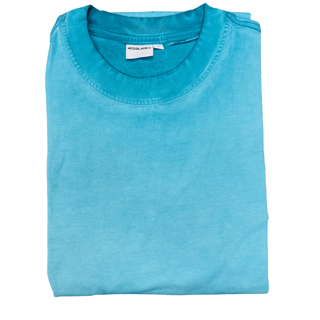 a sky blue t-shirt