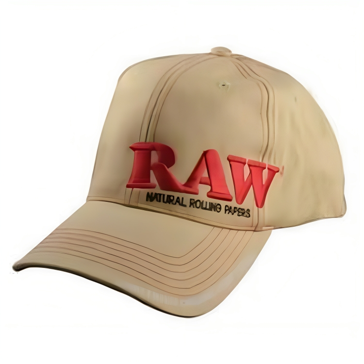 a beige hat with red text