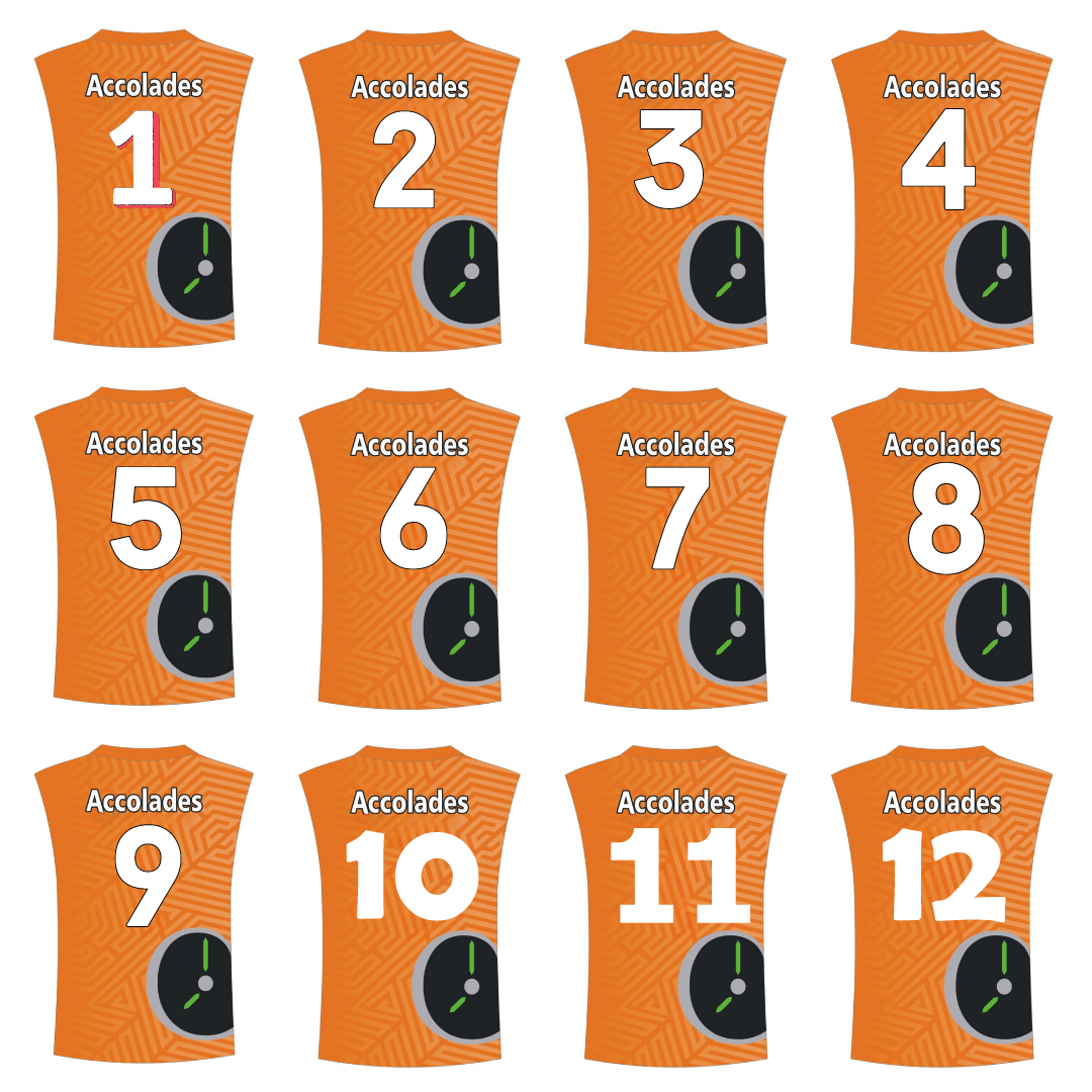 a group of orange shirts with numbers and a clock