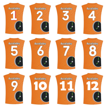 a group of orange shirts with numbers and a clock
