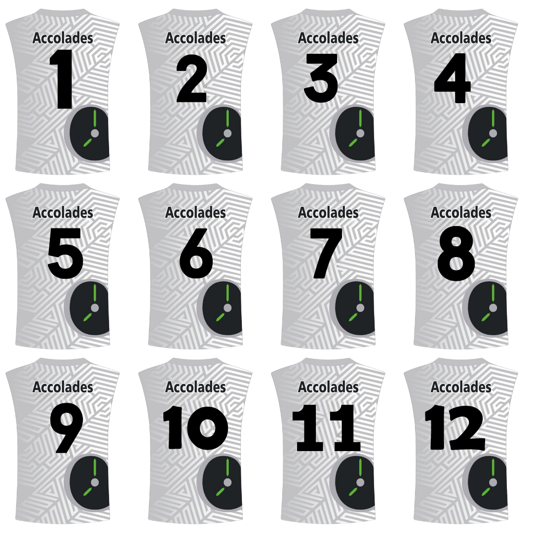 a group of white shirts with numbers and a clock