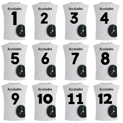 a group of white shirts with numbers and a clock