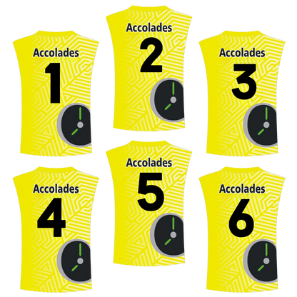 a yellow jersey with black text and numbers