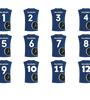 a group of blue shirts with numbers and a clock