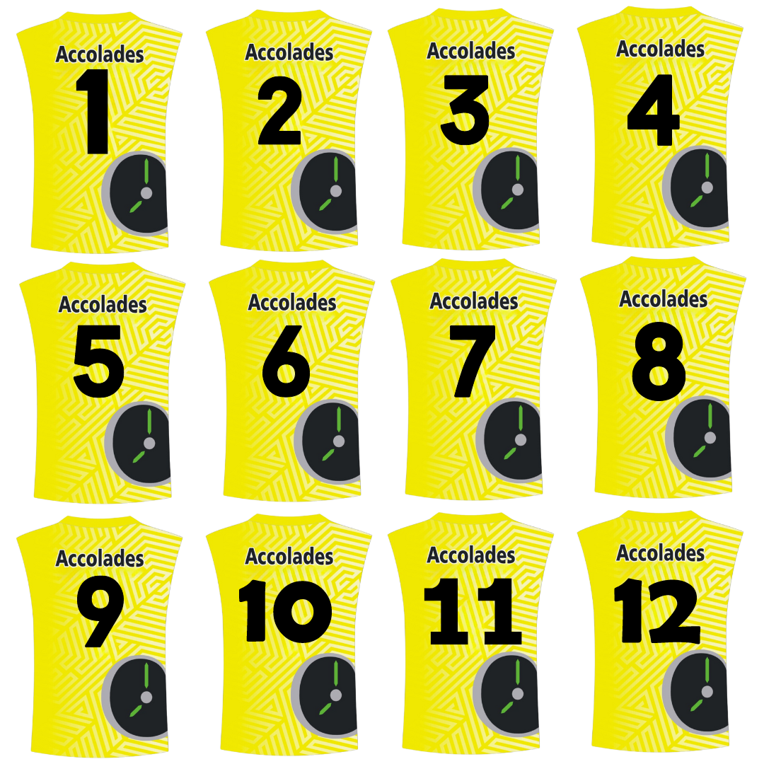 a group of yellow shirts with numbers and a clock