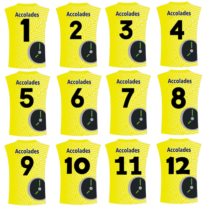 a group of yellow shirts with numbers and a clock