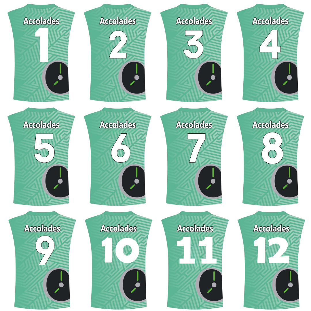 a group of green shirts with numbers and a clock