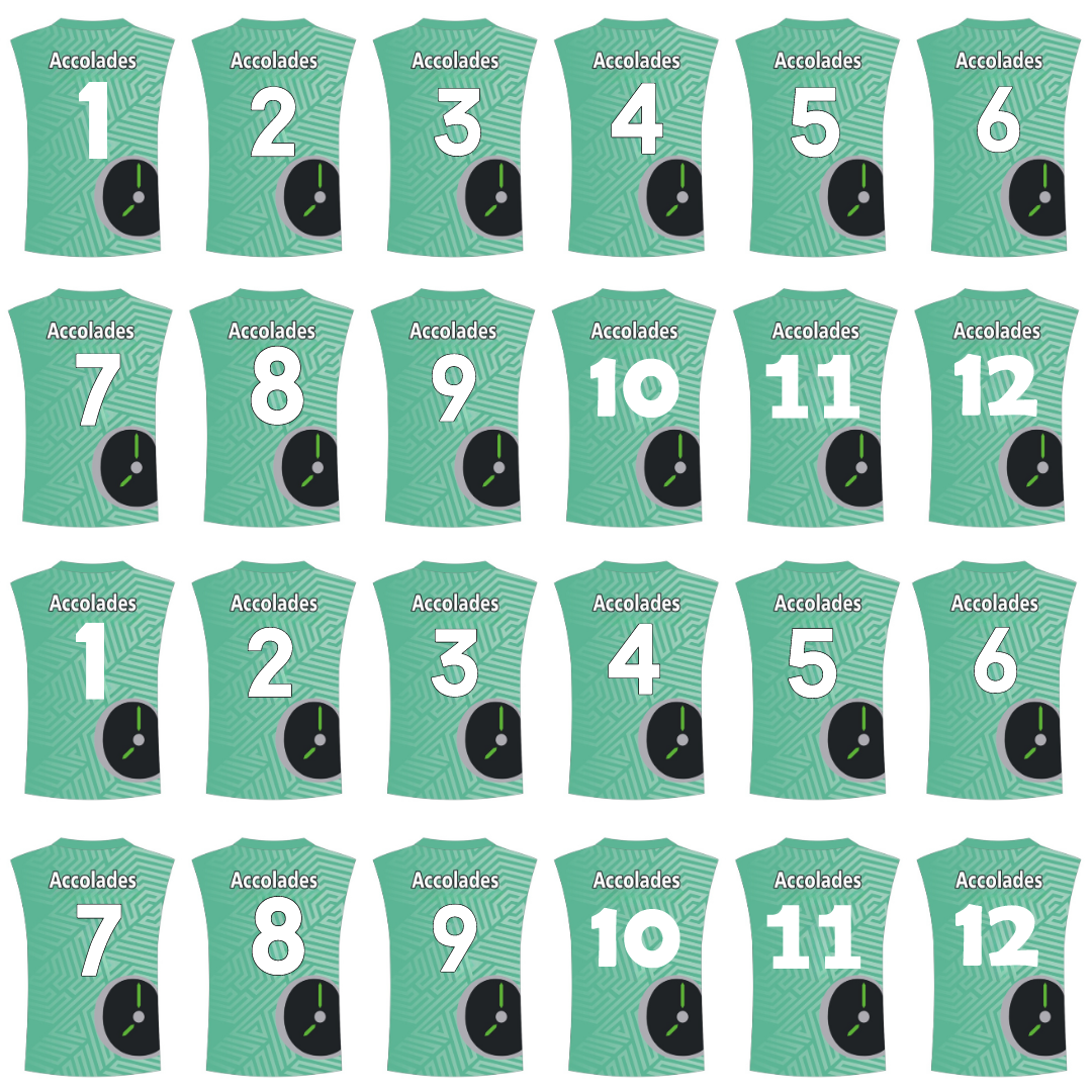 a number of shirts with numbers and a clock