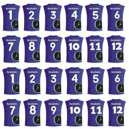 a number of shirts with numbers and a clock