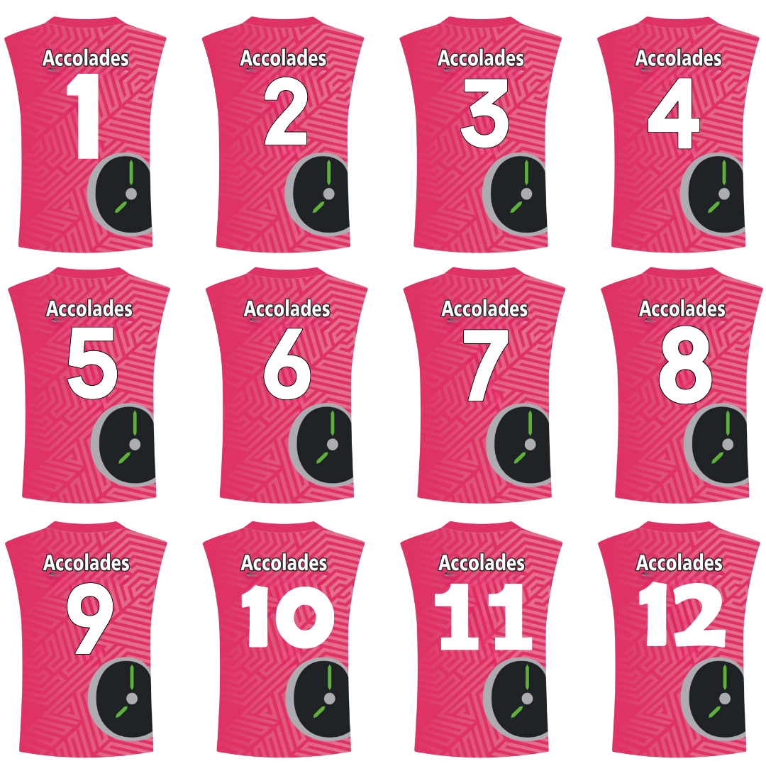 a group of pink shirts with numbers and a clock