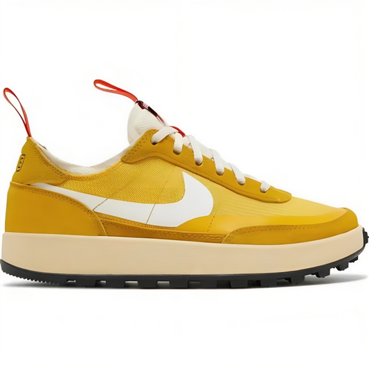 a yellow tennis shoe with a white logo