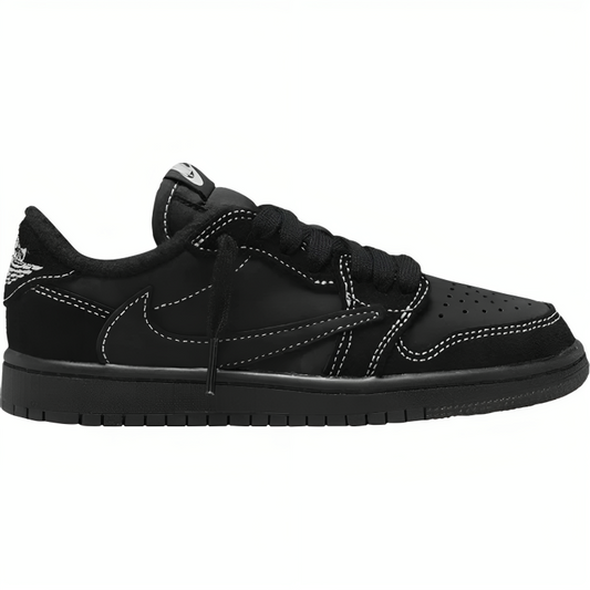 a black sneaker with white stitching